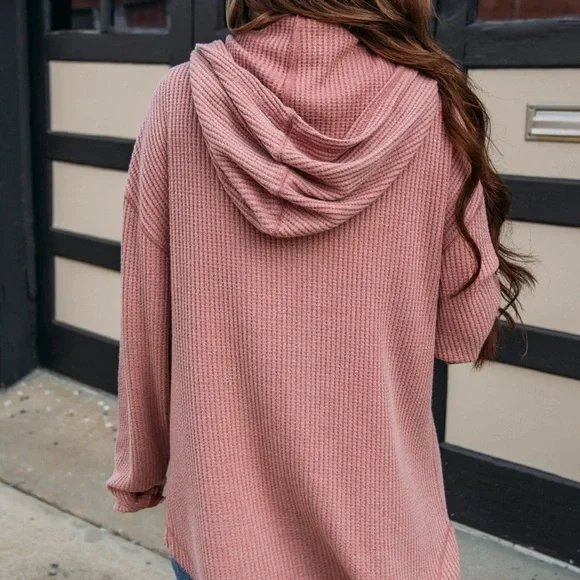 NWT Very J Mauve Thermal Waffle Knit Button Down Shacket Jacket Hoodie Hoody - Picture 6 of 11